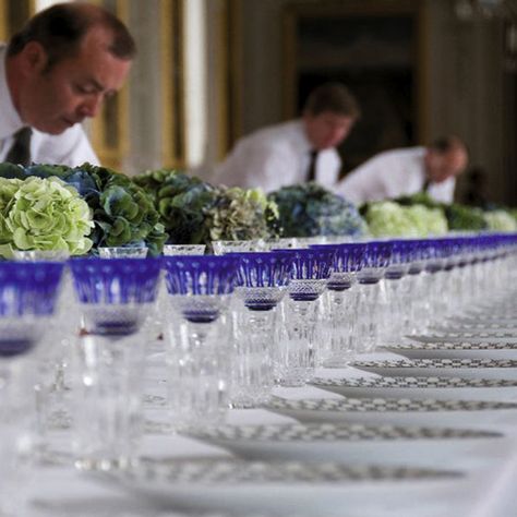 Regal...greens with Saint Louis crystal...love my Saint Louis crystal... Saint Louis Crystal, Baccarat Crystal, Celebration Day, Glamour Photo, Tableware Design, Blue Themed Wedding, Beautiful Table Settings, Ceremony Flowers, Event Inspiration