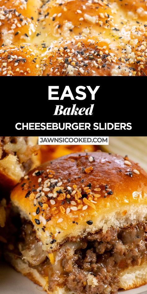 These Extra Cheesy Hamburger Sliders with garlic butter everything bagel buns are an easy and fun appetizer with everything you love about a classic cheeseburger, in a bite sized form. Easily prepped ahead, these burger sliders make a shareable snack for any party, for game day, or a great dinner for busy weeknights. Serve them with a quick and easy burger sauce for the ultimate cheesy bite! The ultimate ground beef hamburger sliders recipe! Ground Beef Recipes Sliders, Easy Weeknight Suppers, August Party Food Ideas, Easy Summer Sandwich Ideas, Chopped Hamburger Recipes, Dinner Ideas With Buns, Recipes That Use Hamburger, Hamburger Meat Ideas For Dinner, Steak Burger Sliders