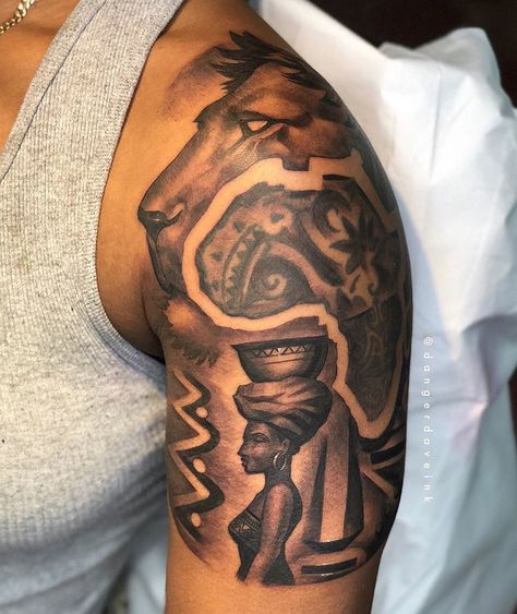 Some stories are told on paper and some sound and look better told on skin @nigerian_leo #africantattoos #nigeria #nigerian… Blm Tattoos, Never Give Up Tattoo, African Warrior Tattoos, African Sleeve Tattoo, Black People Tattoos, Dark Skin Tattoo, Black Men Tattoos, African Warrior, Africa Tattoos