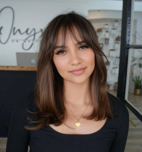 Image 1 of 1 Wispy Curtain Bangs Round Face, Swoopy Bangs, Fairytale Pictures, Bangs Haircut Ideas, Fine Hair Bangs, Haircut Ideas Trendy, Medium Length Brown Hair, Shoulder Length Hair With Bangs, Bangs Haircut