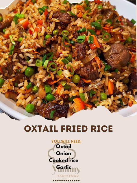 🍚 Indulge in the rich flavors of Oxtail Fried Rice! 🍖✨ #OxtailFriedRice #FlavorfulEats Oxtail Fried Rice Ingredients: Oxtail, cooked and shredded (1 lb) Cooked rice (4 cups) Garlic, minced (3 cloves) Onion, chopped (1) Carrots, diced (1 cup) Peas (1 cup) Soy sauce (3 tbsp) Oyster sauce (2 tbsp) Sesame oil (1 tbsp) Green onions, chopped (1/2 cup) Oil (for frying) Instructions: Heat oil in a large pan or wok over medium heat. Sauté garlic and onion until fragrant. Add carrots and peas, cook... Oxtail Fried Rice, Carbless Meals, Fried Rice Ingredients, Food Reference, Lamb Chop Recipes, Lamb Chop, Jamaican Dishes, Chop Recipes, Jamaican Food