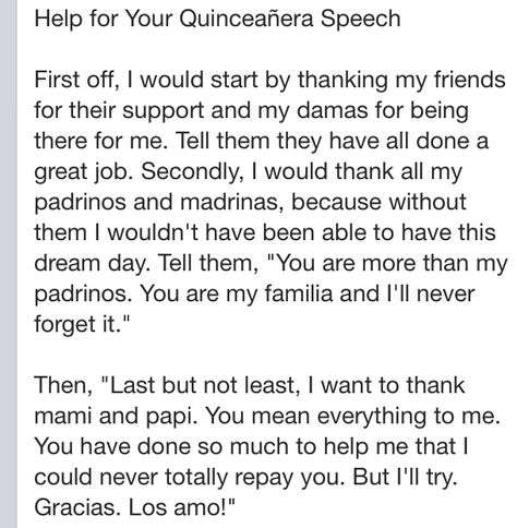 Help on quince speech pt 1 Who To Invite To Your Quince, Quinceañera Thank You Speech, Thank You Speech For Quince, Speech For Quinceanera, Sweet Sixteen Planning Checklist, Quince Sponsor List, How To Ask Someone To Be In Your Quince Court, Sweet 16 Speech, Quince Speech Ideas In English