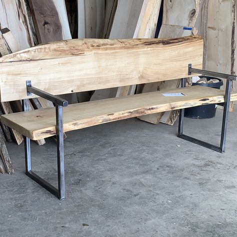 Wood And Metal Bench Outdoor, Steel And Wood Bench, Metal Wood Bench, Live Edge Bench Seat, Live Edge Wood Bench, Steel And Wood Furniture, Live Edge Wood Projects, Wood Bench With Back, Metal And Wood Bench