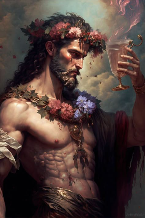 God Of Peace Fantasy Art, Sun God Character Design Male, Demi God Character Design, Greek God Painting, Greek Character Art, Dionysus Tattoo, Dionysus Art, Greek God Art, Dionysus Aesthetic