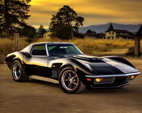 DIGITAL DOWNLOAD ONLY. This is a photo of a 1969 Chevrolet Corvette Stingray. The classic Stingray body style is highlighted by the sleek lines, curved fenders, and pointed nose. The car sits on classic chrome rims adding to its classic look. The interior of the car is black, with a full set of gauges in the center of the dashboard. The car has a powerful V8 engine, and is a true classic American muscle car. Old Corvette Stingray, 56 Corvette, Corvette Old, Corvette Stingray 1969, 1969 Corvette Stingray, 63 Corvette Stingray, Chevrolet Stingray, Corvette Accessories, Corvette C7 Stingray