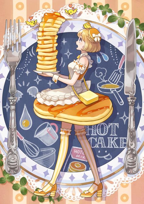 パンケーキ 女子 Food People Art, Food Personification, Anime Breakfast, Anime Food Art, Breakfast Dress, Breakfast Princess, Princess Dress Drawing, Manga Food, Read Anime