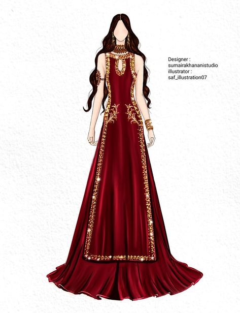 Pakistani Fashion Illustration, Fashion Illustration Unique, Traditional Dresses Illustration, Fashion Design Collection Illustration, Traditional Wear Illustration, Indian Wear Illustration, Dress Illustration Design, Illustration Dress, Bride Fashion Illustration