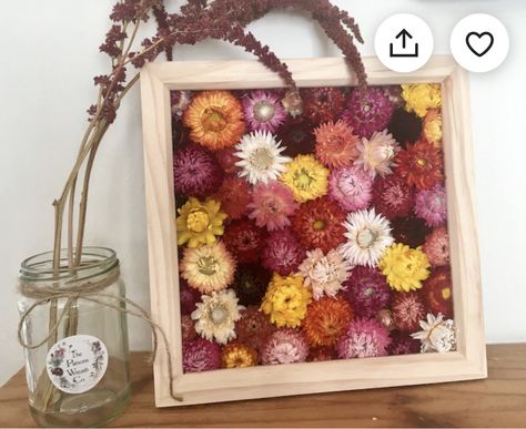 Flower Picture Frames Diy, Dried Strawflower Craft, Strawflower Garden, Strawflower Crafts, Art With Real Flowers, Dried Strawflowers, Dried Flowers Crafts, Dried Flower Art, Blue Flower Crown