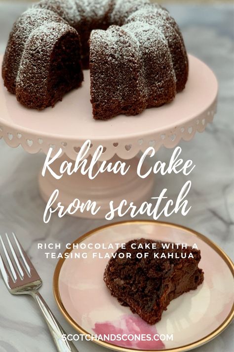 Kahlua Cake is a rich chocolate cake with a teasing flavor of Kahlua. It's an easy to make bundt cake that's sure to please! Kailua Bundt Cake, Kalua Cake Recipe, Kahlua Desserts, Easy Chocolate Bundt Cake, Chocolate Kahlua Cake, Liquor Cakes, Boozy Food, Kahlua Coffee, Kahlua Cake