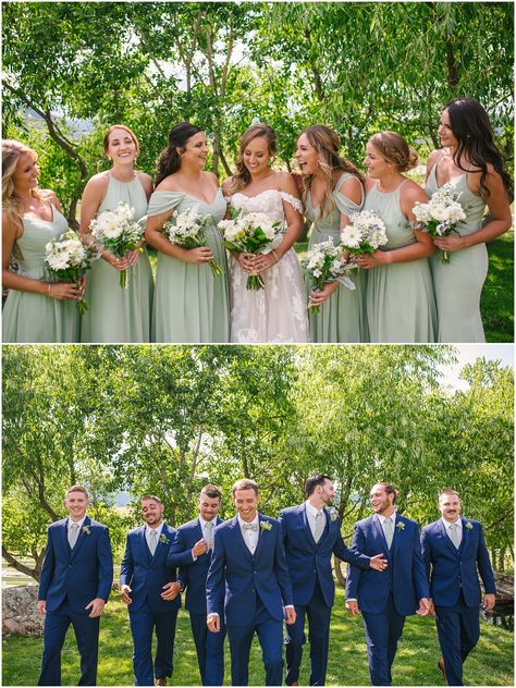 Groomsmen in navy suits and bridesmaids in sage green dresses at Crooked Willow Farms wedding Sage Green Wedding Groomsman, Sage Green Bridesmaid Navy Groomsmen, Willow Green Wedding, Sage Green Bridesmaid Dresses With Navy Suits, Wedding Navy And Green, Wedding Colors Bridesmaids And Groomsmen, Sage Wedding Attire, Sage Green And Navy Wedding Party, Dusty Sage And Navy Wedding