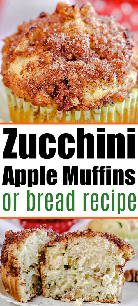 Homemade apple zucchini muffins or bread is a great mix with fresh fruit and vegetables inside. A sweet baked good for breakfast or dessert. Zucchini Recipes Dessert Muffins, Zucchini Recipes Baked Goods, Apple Zucchini Recipes, Zuchini Baking Recipes Easy, Apple Zucchini Bread Recipes, Carrot Cake Zucchini Muffins, Zucchini Baked Goods, Zucchini Apple Muffins, Cinnamon Zucchini Muffins