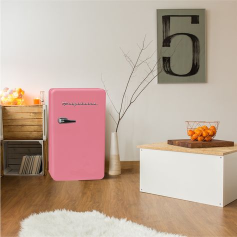 Frigidaire 3.2 cu ft Single Door Retro Mini Fridge, Pink - Walmart.com - Walmart.com Frigidaire Mini Fridge Pink, Vintage Mini Fridge Retro, Mini Fridge In Bedroom Ideas, Danish Aesthetic Bedroom, Smeg Mini Fridge, Fridge In Bedroom, Mini Fridge In Bedroom Aesthetic, Jungle Apartment, Pink Mini Fridge