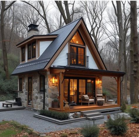 Mini Barndominium, Nordic Cabin, Small Cottage Homes, Stone And Wood, Cabin Exterior, A Small House, Small Cottage, Barn Style House, Tiny House Cabin