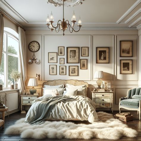 The room features a queen-sized bed with a rustic wooden headboard, dressed in white linens and a pale blue comforter. A distressed wooden nightstand sits beside the bed, home to a retro clock and an antique oil lamp. Fluffy, cream-colored rugs cover parts of the dark hardwood floor. There's an antique chandelier hanging from the ceiling, casting a warm glow on the room. A pair of vintage velvet armchairs greet you by a beautiful bay window, framing the outside view. Victorian Light Academia Bedroom, Grey Victorian Bedroom, Big Victorian Bedroom, Dark Wood Victorian Bedroom, Master Victorian Bedroom Ideas, Victorian Modern, Modern Style Bedroom, Victorian Interior, Master Room