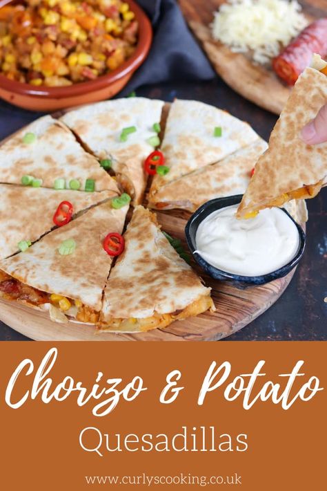 These Chorizo & Potato Quesadillas are absolutely delicious. Lightly spiced potato, chorizo and vegetable filling sandwiched between tortillas. Great hot or cold but extra tasty with soured cream. Potato Quesadilla, Potato Chorizo, Chorizo Potato, Chorizo Hash, Quesadilla Recipes Easy, Chorizo And Potato, Quesadilla Recipes, Cuban Recipes, Portuguese Recipes