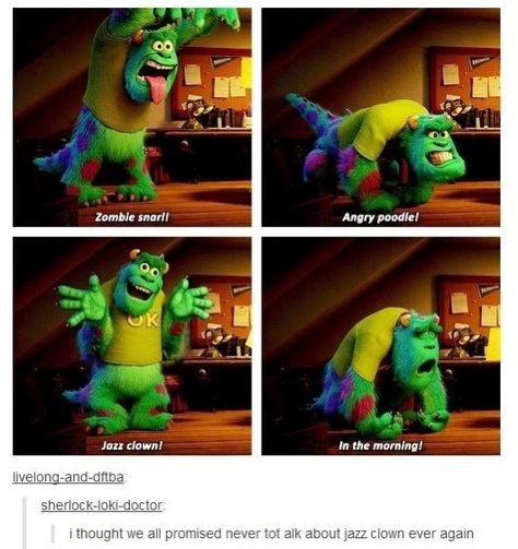 Monsters University on Tumblr- jazz clown is truly terrifying Didney Worl, Disney Kingdom, Funny Disney Memes, Funny Disney Jokes, Monsters University, Disney Jokes, Funny Tumblr Posts, Disney Disney, Disney Studios