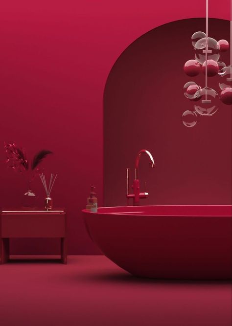 Viva Magenta Mood Board, Carmine Aesthetic, Viva Magenta Aesthetic, Magenta Bathroom, Magenta Interior Design, Pantone Viva Magenta, Carmine Color, Magenta Interior, Magenta Pantone