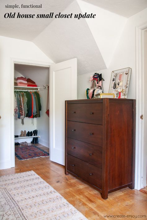 Old house small closet update! / Create / Enjoy Repurposed Small Closet, Old Small Closet Makeover, Small Clothing Closet, Old House Small Bedroom Ideas, Old House Closet Ideas, Closet With Antique Dresser, Old House Tiny Closet Ideas, Old House Small Closet, Bedroom Into Closet