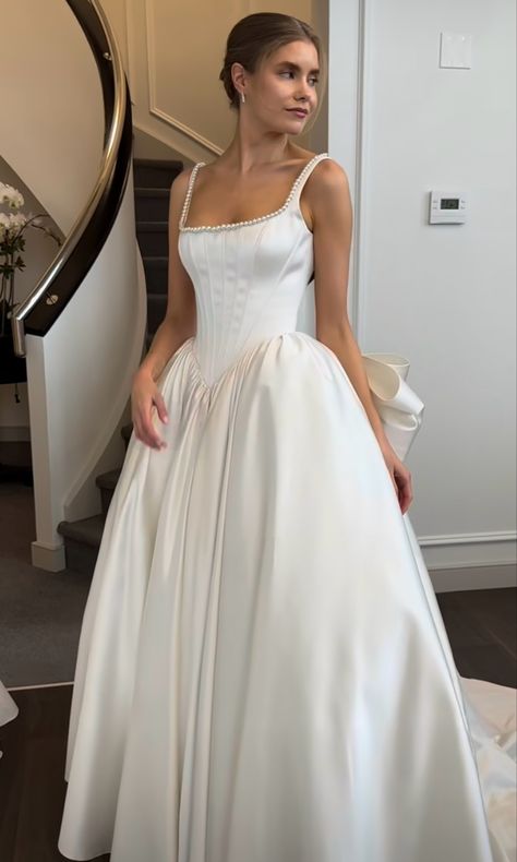 Simple White Bridal Dress, Satin Ballroom Wedding Dress, Sweetheart Aline Wedding Dress Satin, Pride And Prejudice Style Wedding Dress, Plain Princess Wedding Dress, Corset Wedding Dress Aesthetic, Elegant Aline Wedding Dress, Corset Wedding Dress Square Neck, Silk Sleeve Wedding Dress