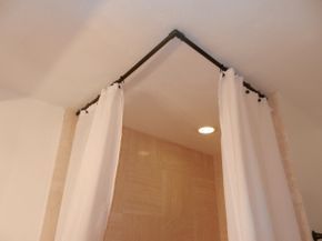 Cheap corner shower curtain rod using painted PVC pipe and hooks in the ceiling L Shaped Curtains, Round Shower Curtain Rod, Corner Bathtub Shower, Ceiling Mount Curtain Rods, Corner Shower Curtain Rod, Shower Curtain Track, Curved Curtain Rods, Corner Curtains, Diy Curtain Rods