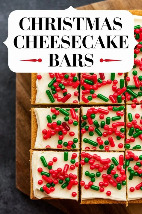 Christmas cheesecake bars topped with red and green sprinkles. Winter Bars Recipes, No Bake Cheesecake Bars 9x13, Cheesecake Bars Christmas, Cheesecake Bars 9x13, Christmas Cheesecake Bars, Cheesecake Bars Recipes, Christmas Desserts For A Crowd, Cranberry Topping, Christmas Bars