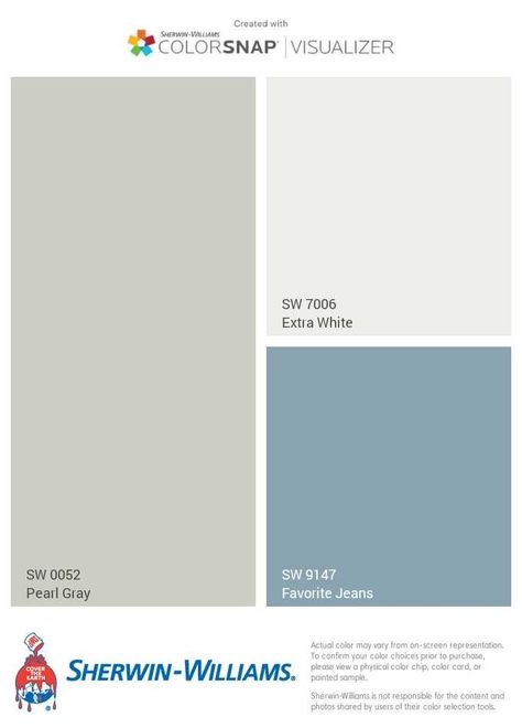 Pearl Gray- walls. Extra White- trim. Favorite Jeans- vanity/cabinet. Favorite Jeans Paint Sherwin Williams, Blue Jean Paint Color, Favorite Jeans Sherwin Williams, Sherwin Williams Favorite Jeans, Blue Houses, Beach House Colors, White Exterior Paint, White Exterior Houses, House Paint Color Combination