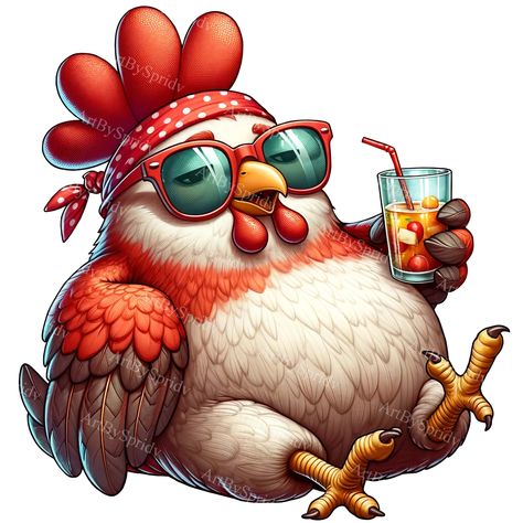 Creative Digital Art, Chicken Cartoon, Chicken With Sunglasses, Whimsical Chicken Art, Funny Chickens Art, Chicken Wearing Glasses, Chicken Digital Art, Animal Glasses Illustration, Bird With Glasses Illustration