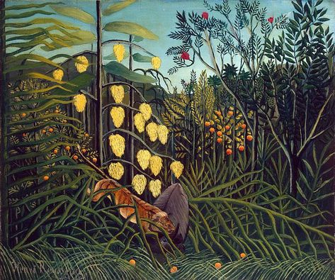 Henri_Rousseau_-_Combat_of_a_Tiger_and_a_Buffalo. Musée hermitage Henri Rousseau Paintings, Buffalo Art Print, Jungle Painting, Buffalo Art, Forest Poster, Henri Rousseau, Post Impressionism, In The Jungle, Tropical Forest