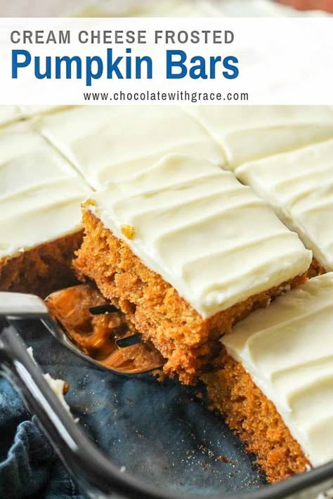 Pumpkin Bars with Cream Cheese Frosting Cream Cheese Frosted Pumpkin Bars, Pumpkin Bars With Cream Cheese Frosting, Easy Pumpkin Bars, Pumpkin Bars With Cream Cheese, Bars With Cream Cheese Frosting, Bars With Cream Cheese, Easy Pumpkin Dessert, Pumpkin Recipes Easy, Pumpkin Recipe