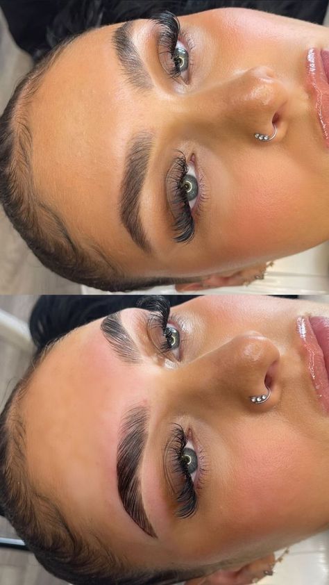 Brow Lamination, before and after, Eyebrow Tint Brow Lamination Makeup Look, Thick Laminated Brows, Eye Brown Lamination, Brow Lamination Thick Brows, Brow Lamination Before And After Thick Brows, Lash And Brow Lamination, Eyebrow Lamination Black Women, Bro Lamination, Soft Brow Lamination