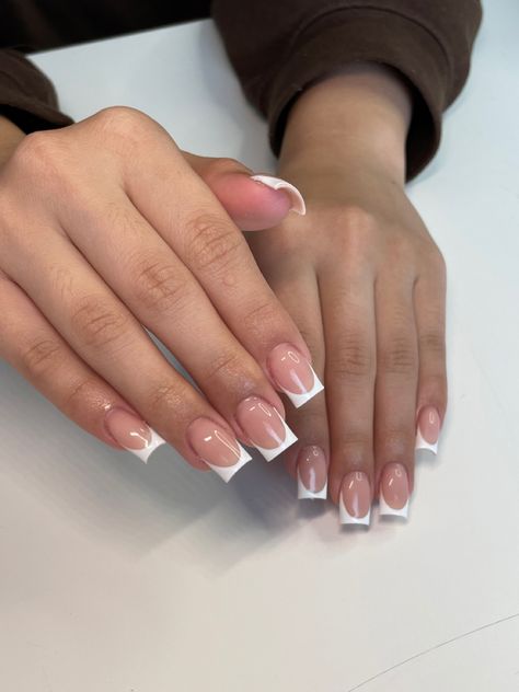 White french tips nails/short length/square shape White Tip Acrylic Nails, White French Tip Nails, Acrylic Nails Nude, White Tip Nails, White Tips, White French Tip, Girly Acrylic Nails, French Tip Acrylic Nails, Her Nails