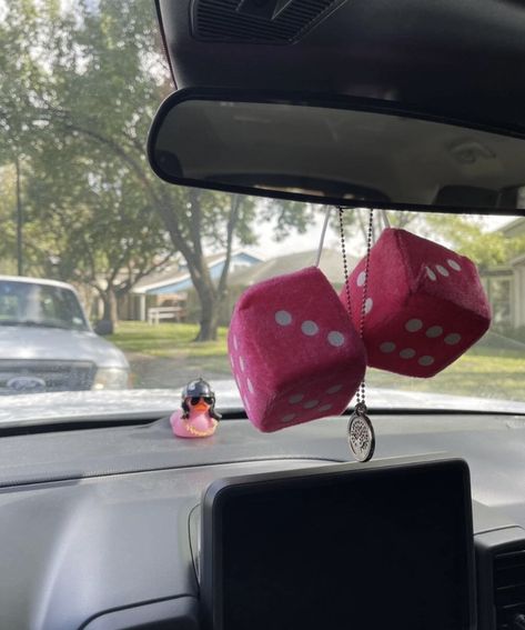 Pink Dice For Car, Fuzzy Dice For Car, Dice In Car, Teen Car Aesthetic, Dice For Car, Teenage Goals, Car Dice, Pink Dice, Car Deco