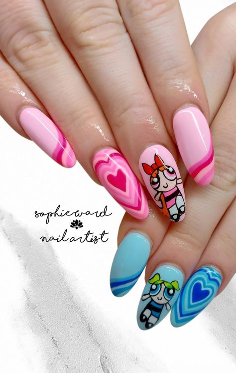 Power Puff Girls Nails, Powerpuff Nails, Powder Puff Girls, Girl Nails, Nail Art Disney, Powerpuff Girl, Power Puff, Puff Girl, Art Disney