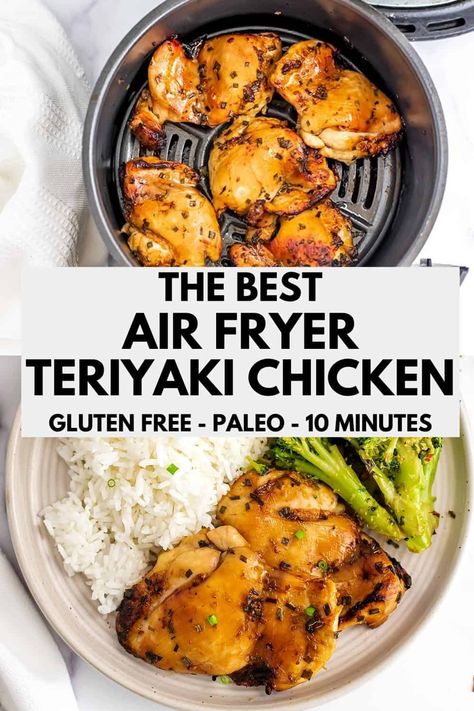 Air Fryer Teriyaki Chicken - Gluten Free, Paleo, Whole30 and low carb friendly - this healthy teriyaki chicken is made in the air fryer and cooks in just 10 minutes. This simple, healthy, easy recipe is so flavorful and great for beginners too! This will quickly become a family favorite recipe! Low Fodmap Teriyaki Chicken, Air Fryer Meals For Family Healthy, Thm Air Fryer Recipes, Fodmap Air Fryer Recipes, Air Fryer Teriyaki Chicken Breast, Whole 30 Air Fryer Chicken, Chicken Teriyaki Air Fryer, Teriyaki Chicken Air Fryer Recipes, Air Fryer Chicken Teriyaki Recipe