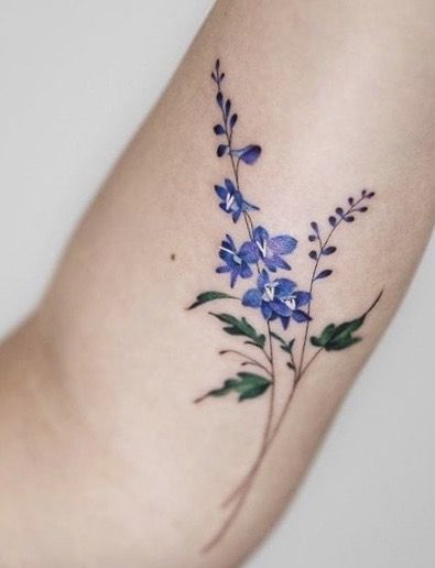 Delphinium Tattoo, Honeysuckle Tattoo, Purple Flower Tattoos, Larkspur Tattoo, Flower Vine Tattoos, Virgo Tattoo Designs, Magic Runes, Flower Wrist Tattoos, Wildflower Tattoo