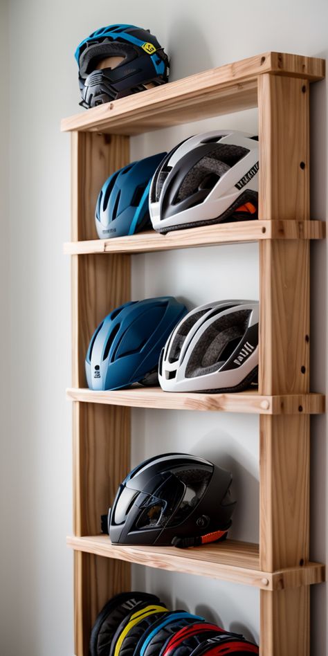 Build a wooden wall-mounted bike rack with a shelf for helmets and accessories, providing a practical storage solution. Build a Wooden Wall-Mounted Bike Rack with a Shelf: The Perfect Storage Solution for Your Bicycle H1: Introduction - Why a wall-mounted bike rack with a shelf is a practical storage solution - Benefits of having a designated storage space for your bike and accessories H2:... Bike Helmet Storage, Outdoor Gear Storage, Helmet Storage, Wall Mount Bike Rack, Bike Hooks, Porch Storage, Bicycle Storage, Practical Storage, Bike Rack