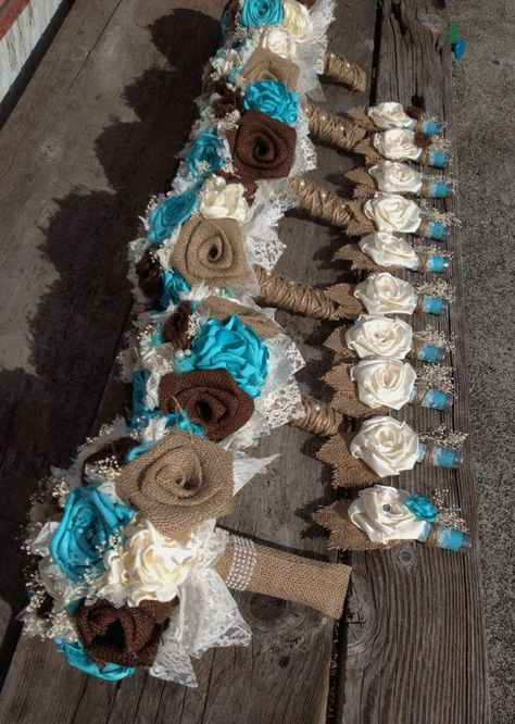 Handmade bridal bouquets with natural and chocolate brown burlap and light teal blue silk flowers(listing is for one bridal bouquet) Flower Girl Bouquet, Camo Wedding, Teal Wedding, Turquoise Wedding, Brown Wedding, Burlap Wedding, Mom Wedding, Cute Wedding Ideas, Western Wedding