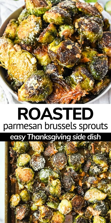 Crispy and delicious garlic parmesan brussel sprouts are roasted to perfection on a sheet pan with only 5 simple ingredients. Melty, cheesy, and the best low-carb side dish for Thanksgiving or any night of the week. Thanksgiving Roasted Brussel Sprouts, Best Brussel Sprouts Recipe, Brussel Sprout Recipes Oven Parmesan, Brussel Sprouts Thanksgiving Recipe, Best Thanksgiving Brussel Sprouts, Roasted Brussel Sprouts Thanksgiving, Parmesan Smashed Brussel Sprouts, Brussels Sprout Thanksgiving Side, Thanksgiving Sides Brussel Sprouts