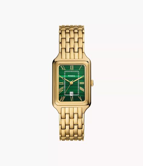 Raquel Three-Hand Date Gold-Tone Stainless Steel Watch - ES5341 - Fossil Green And Gold Watch, Gold Silver Watch, Silver And Gold Watch, Womens Work Bag, Gold And Silver Watch, Fossil Ring, Fossil Watches Women, Green Watch, Minimalist Watch