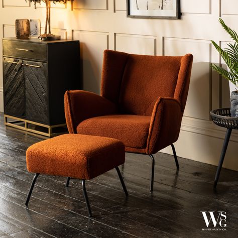 Ant & Dec. Fish & Chips. Rock & Roll. All the best things in life come in pairs. 🛒: Churchill Accent Chair Orange Chair Bedroom, Armchair And Footstool, Orange Armchair, Mid Century Accent Chair, Sofa Uk, Lounge Ideas, Single Sofa Chair, Accent Arm Chairs, Small Sofa