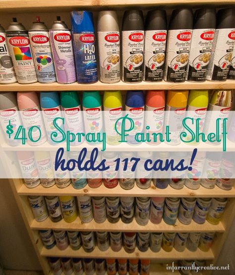 An inexpensive $40 Spray Paint Shelf that holds 117 cans. What a great and cool idea to keep all that fun spray paint organized. #spraypaint #organize #paint Paint Storage Diy, Paint Shelf, Spray Paint Storage, Spray Paint Furniture, Paint Organization, Diy Spray Paint, Spray Paint Cans, Diy Garage Shelves, Paint Storage