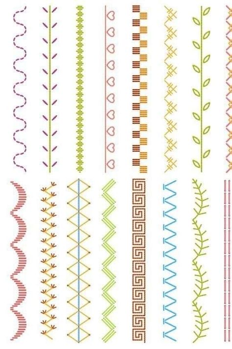 Border Embroidery Designs Border Embroidery Designs Patterns, Stitch Ideas Embroidery, Embroidery Line Stitches, Border Embroidery Designs By Hand, Border Embroidery Designs Patterns, Embroidery Edge Stitches, Project Work Border Designs, Embroidery Border Patterns, Types Of Stitches Sewing