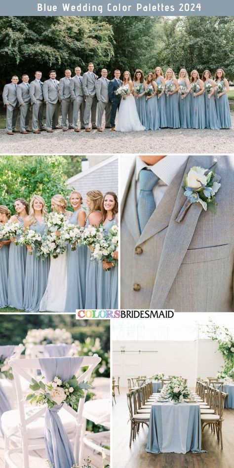 Dusty blue wedding color palettes inspirations for 2024: dusty blue bridesmaid dresses, white bridal gown, navy blue groom suit, light grey suits with dusty blue ties and boutonnieres for groomsmen, outdoor ceremony chairs with dusty blue accents, wooden tables with dusty blue table runners.#weddingcolors #weddingideas #blueweddings #2024weddings #colsbm #2024 #bridesmaiddresses #dustybluewedding #dustyblue Light Grey Suit With Dusty Blue Tie, Dusty Blue Silver Wedding Theme, Grey And Dusty Blue Groomsmen Attire, Dusty Blue Wedding Theme Groomsmen, Colors That Go With Slate Blue, Grey Blue Wedding Colors, Dusty Blue Wedding Party Groomsmen, Grey And Blue Wedding Theme, Grey And Dusty Blue Wedding