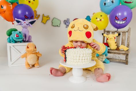 Pokemon Themed Cake Smash Pokemon First Birthday Party, 1st Birthday Pokemon Theme, First Birthday Pokemon Theme, Pokemon 1st Birthday Party, Pokemon Smash Cake, Pokemon 1st Birthday, Pokemon First Birthday, Pokemon Themed Cake, Pokemon Photoshoot