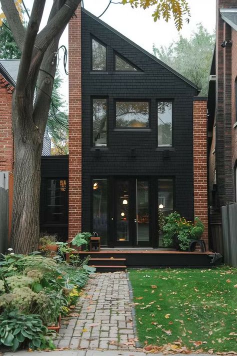 Black Brick House, Black Home Exterior, Aaliyah Aesthetic, Home Exterior Ideas, Front Wall Design, Black Houses, Paint Color Ideas, House Facades, Exterior Inspiration