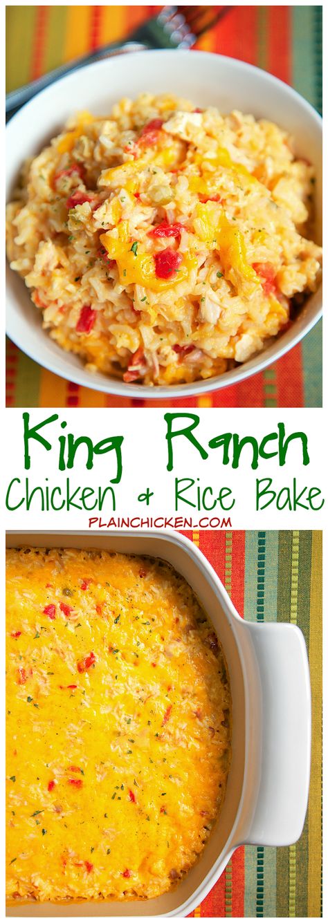 King Ranch Chicken and Rice Bake Recipe - chicken, rice, chicken soup, R-otel, Velveeta - SO good! Ready in under 30 minutes. I wanted to eat the entire pan myself! Velveeta Chicken, Ranch Chicken And Rice, Rice Chicken Soup, Ranch Chicken Recipe, Rice Bake Recipes, Velveeta Recipes, Rice Cream, King Ranch Chicken, Rice Bake