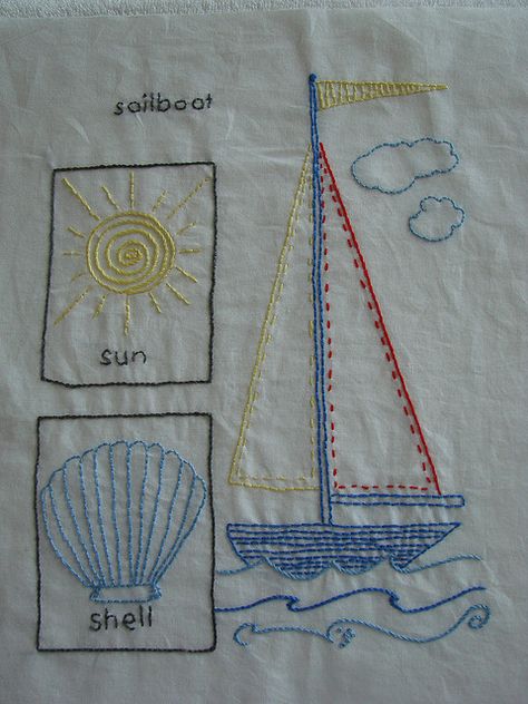 Embroidery 001 | Flickr - Photo Sharing! Surfer Embroidery, Hand Embroidery Sailboat, Embroidery Ocean Theme, Sailboat Embroidery Pattern, Embroidered Sailboat, Nautical Embroidery, Mermaid Embroidery, Hand Embroidery Patterns Free, Embroidery Motifs