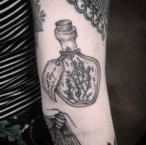 Learn To Tattoo, Places For Tattoos, American Traditional Tattoo Ideas, Traditional Tattoo Ideas, Goth Tattoo, Bottle Tattoo, Witch Tattoo, Strength Tattoo, Tasteful Tattoos