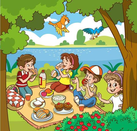 School Picnic Drawing, Picnic Cartoon, Picnic Clipart, Picnic Illustration, Park Clipart, Picture Story Writing, Sun Coloring Pages, Food School, Picnic Pictures