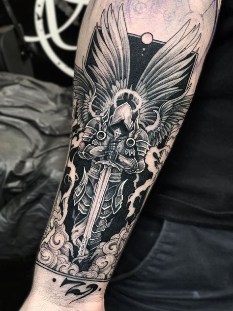 Dmitriy Tkach > Tyrael (Diablo) #tattoo #ink #art Warrior Tattoo Ideas, Kurt Tattoo, Tattoo Ideas Forearm, Angel Warrior Tattoo, Warrior Tattoo Sleeve, Viking Tattoo Sleeve, Archangel Tattoo, Knight Tattoo, Forarm Tattoos